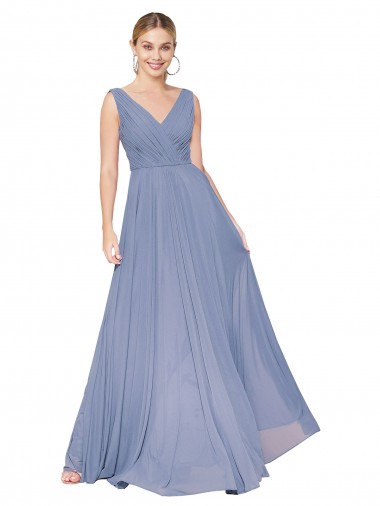 Bleu poussiéreux Trapèze Col V Mousseline Longue Formelles Robes demoiselle d'honneur / Robes de soirée / Robes de bal Pas Chre