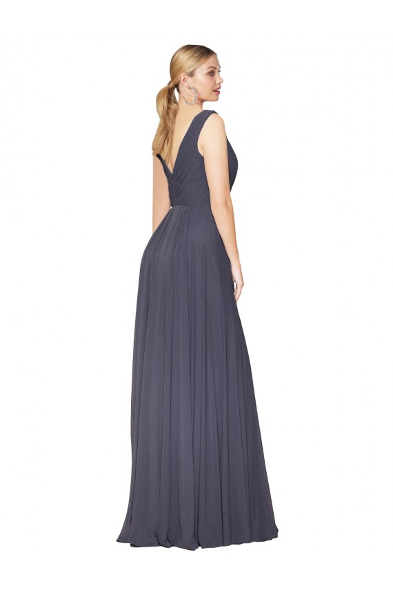 Bleu poussiéreux Trapèze Col V Mousseline Longue Formelles Robes demoiselle d'honneur / Robes de soirée / Robes de bal Pas Chère