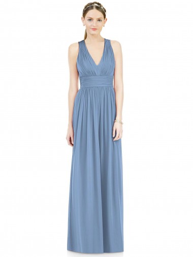 Bleu poussiéreux Trapèze Col V Mousseline Longue Robes demoiselle d'honneur Pas Chre