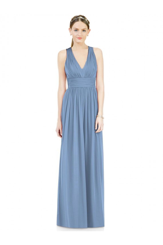 Bleu poussiéreux Trapèze Col V Mousseline Longue Robes demoiselle d'honneur Pas Chère