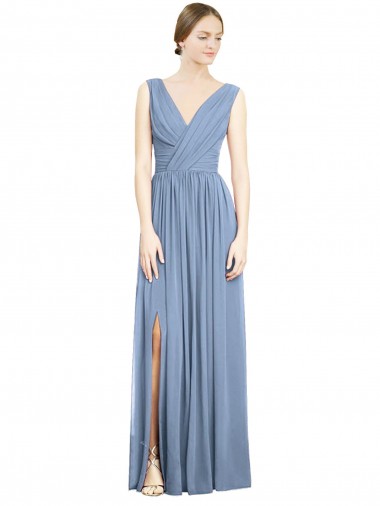 Bleu poussiéreux Trapèze Col V Mousseline Longue Robes demoiselle d'honneur Pas Chre
