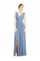 Bleu poussiéreux Trapèze Col V Mousseline Longue Robes demoiselle d'honneur Pas Chère