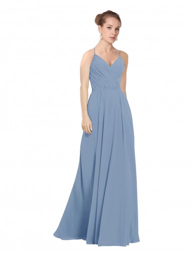 Bleu poussiéreux Trapèze Col V Mousseline Longue Robes demoiselle d'honneur Pas Chre