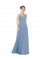 Bleu poussiéreux Trapèze Col V Mousseline Longue Robes demoiselle d'honneur Pas Chère
