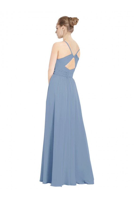 Bleu poussiéreux Trapèze Col V Mousseline Longue Robes demoiselle d'honneur Pas Chère