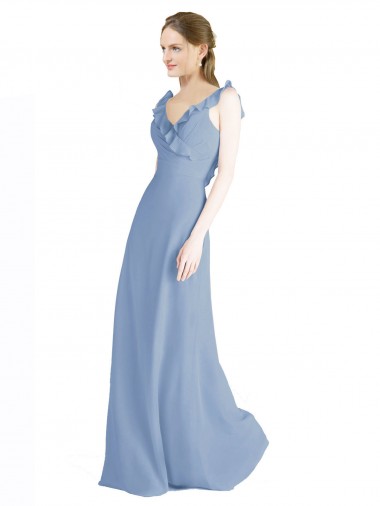 Bleu poussiéreux Trapèze Col V Mousseline Longue Robes demoiselle d'honneur Pas Chre
