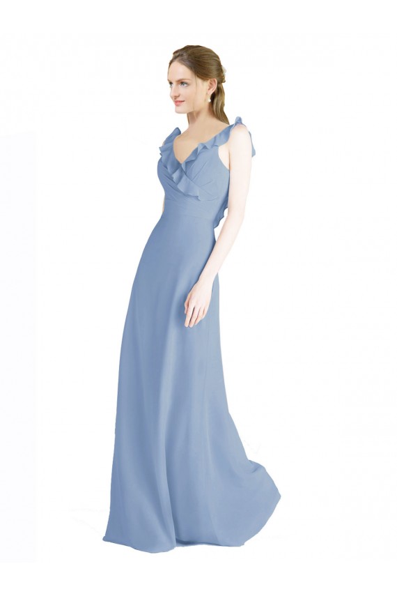 Bleu poussiéreux Trapèze Col V Mousseline Longue Robes demoiselle d'honneur Pas Chère