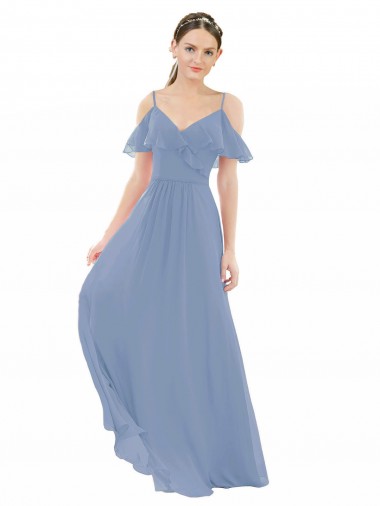 Bleu poussiéreux Trapèze Col V Mousseline Longue Robes demoiselle d'honneur Pas Chre