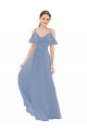 Bleu poussiéreux Trapèze Col V Mousseline Longue Robes demoiselle d'honneur Pas Chère