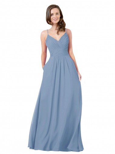 Bleu poussiéreux Trapèze Col V Mousseline Longue Robes demoiselle d'honneur Pas Chre