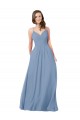 Bleu poussiéreux Trapèze Col V Mousseline Longue Robes demoiselle d'honneur Pas Chère