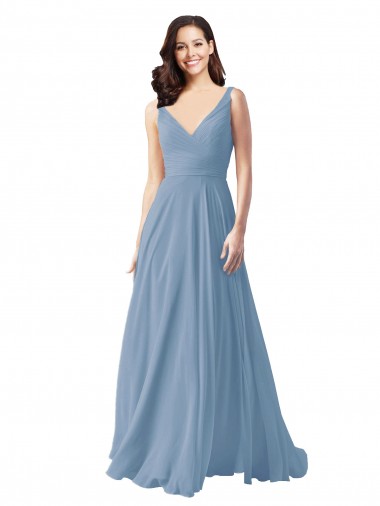 Bleu poussiéreux Trapèze Col V Mousseline Longue Robes demoiselle d'honneur Pas Chre