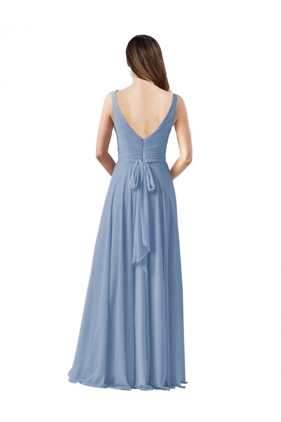 Bleu poussiéreux Trapèze Col V Mousseline Longue Robes demoiselle d'honneur Pas Chère