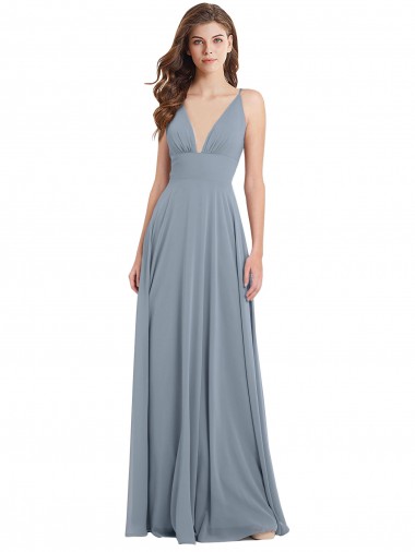 Bleu poussiéreux Trapèze Col V Mousseline Longue Robes demoiselle d'honneur Pas Chre