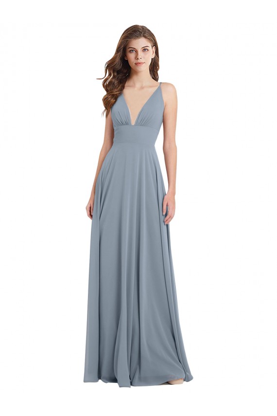 Bleu poussiéreux Trapèze Col V Mousseline Longue Robes demoiselle d'honneur Pas Chère