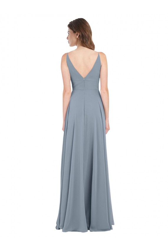 Bleu poussiéreux Trapèze Col V Mousseline Longue Robes demoiselle d'honneur Pas Chère