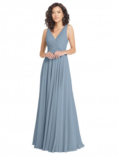 Bleu poussiéreux Trapèze Col V Mousseline Longue Robes demoiselle d'honneur Pas Chre