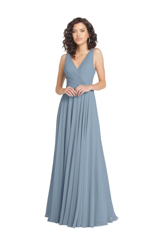 Bleu poussiéreux Trapèze Col V Mousseline Longue Robes demoiselle d'honneur Pas Chère