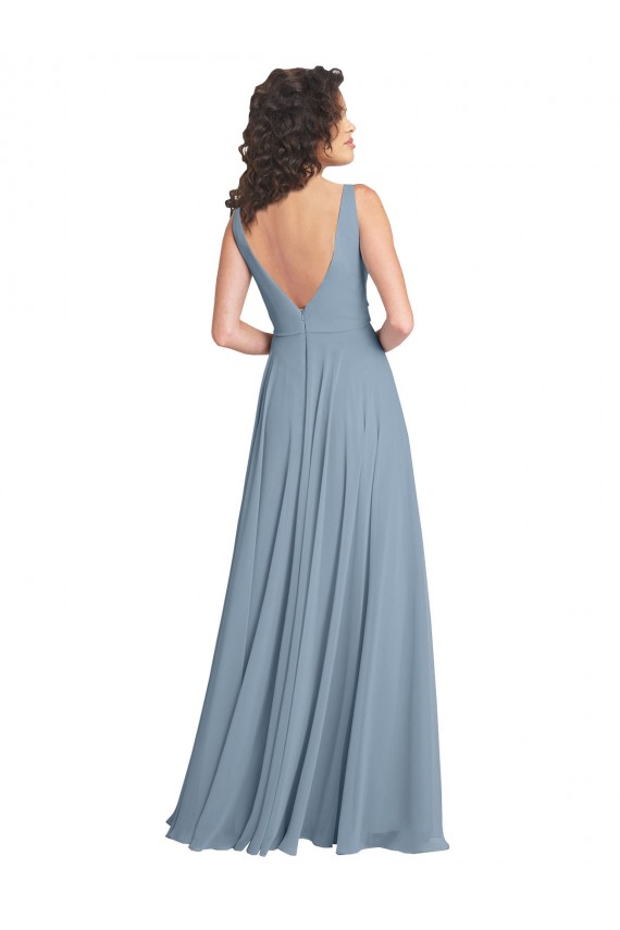 Bleu poussiéreux Trapèze Col V Mousseline Longue Robes demoiselle d'honneur Pas Chère