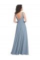 Bleu poussiéreux Trapèze Col V Mousseline Longue Robes demoiselle d'honneur Pas Chère