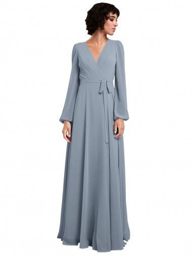 Bleu poussiéreux Trapèze Col V Mousseline Longue Robes demoiselle d'honneur Pas Chre