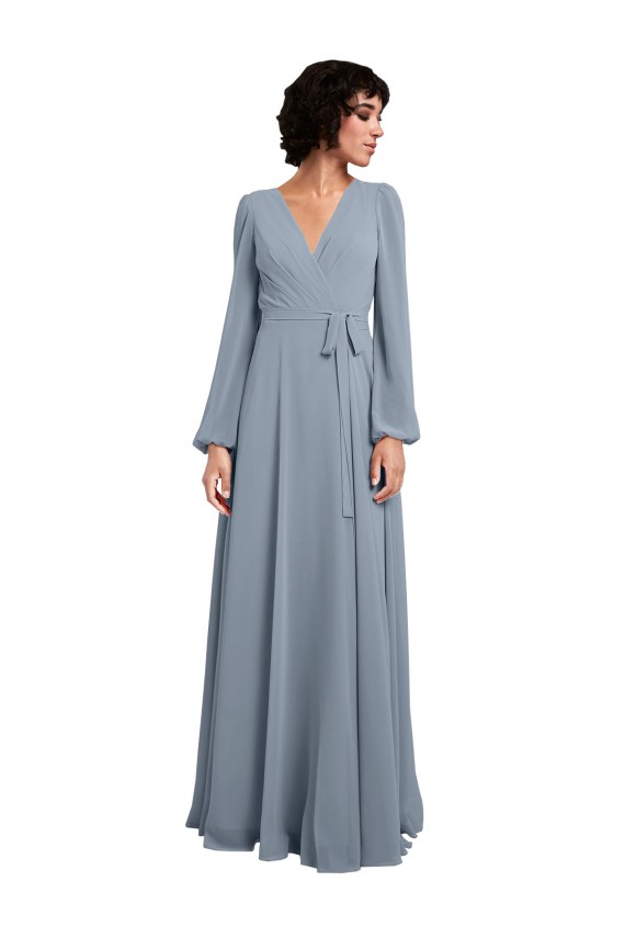 Bleu poussiéreux Trapèze Col V Mousseline Longue Robes demoiselle d'honneur Pas Chère