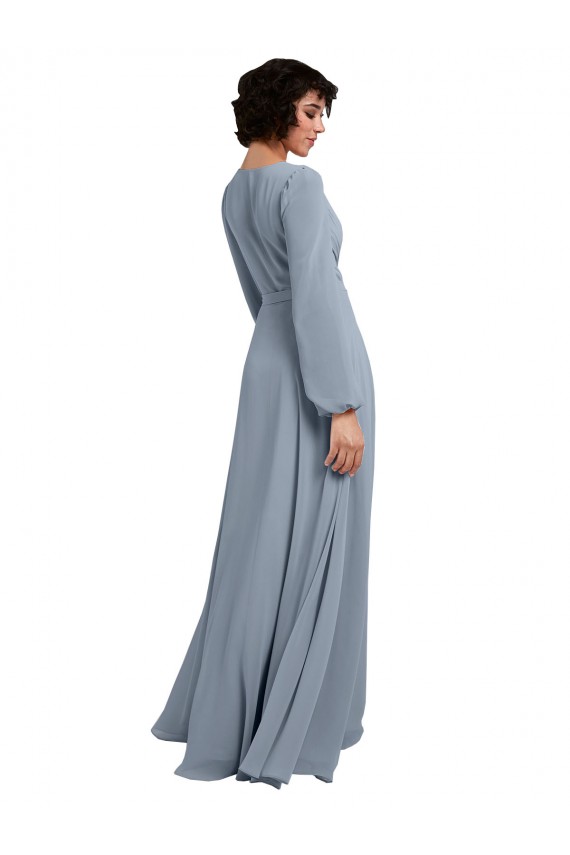 Bleu poussiéreux Trapèze Col V Mousseline Longue Robes demoiselle d'honneur Pas Chère