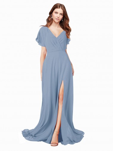 Bleu poussiéreux Trapèze Col V Mousseline Longue Robes demoiselle d'honneur / Robes de bal Pas Chre