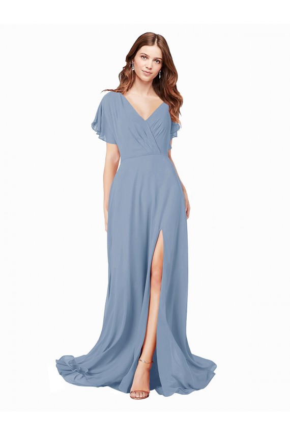 Bleu poussiéreux Trapèze Col V Mousseline Longue Robes demoiselle d'honneur / Robes de bal Pas Chère