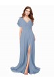 Bleu poussiéreux Trapèze Col V Mousseline Longue Robes demoiselle d'honneur / Robes de bal Pas Chère