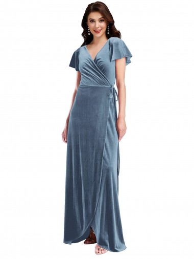 Bleu poussiéreux Trapèze Col V Velours Stretch Longue Robes demoiselle d'honneur / Robes de bal Pas Chre