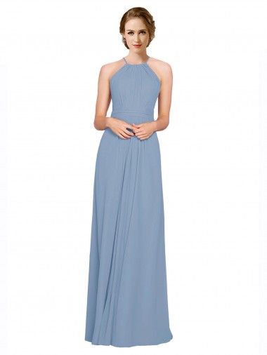 Bleu poussiéreux Trapèze Licou Col Haut Mousseline Longue Robes demoiselle d'honneur Pas Chre