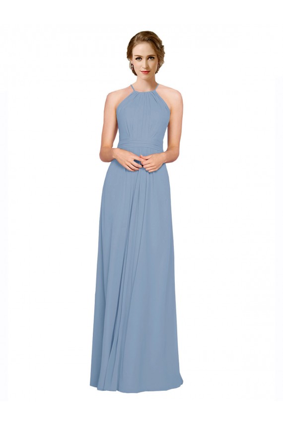 Bleu poussiéreux Trapèze Licou Col Haut Mousseline Longue Robes demoiselle d'honneur Pas Chère