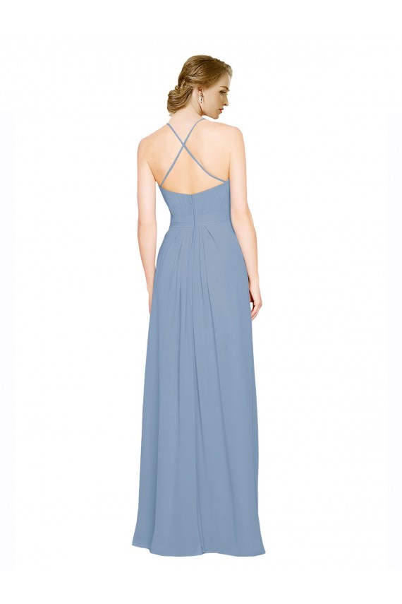 Bleu poussiéreux Trapèze Licou Col Haut Mousseline Longue Robes demoiselle d'honneur Pas Chère