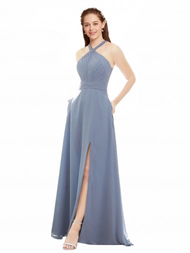 Bleu poussiéreux Trapèze Licou Col Haut Mousseline Longue Robes demoiselle d'honneur Pas Chre