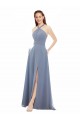 Bleu poussiéreux Trapèze Licou Col Haut Mousseline Longue Robes demoiselle d'honneur Pas Chère