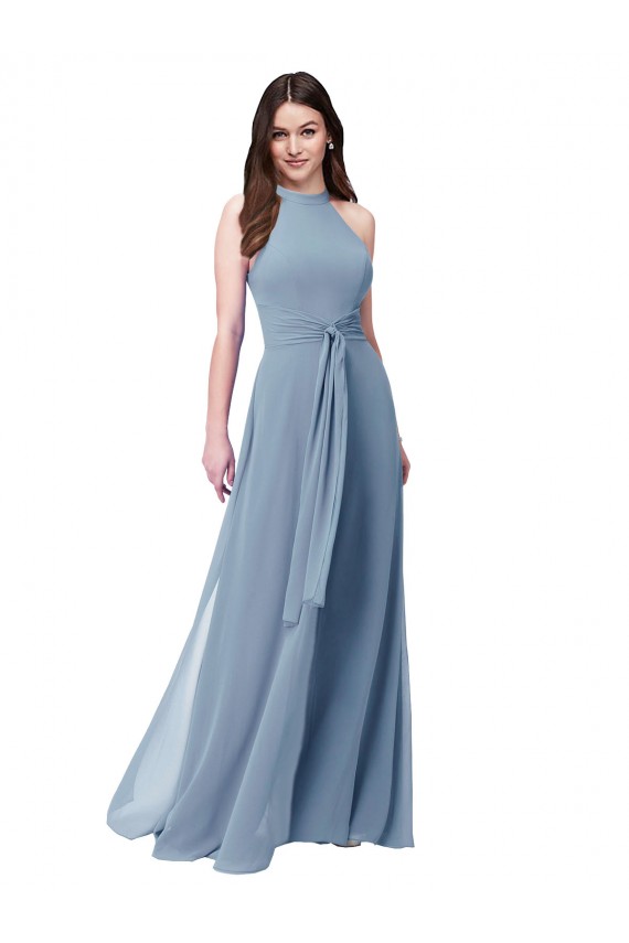 Bleu poussiéreux Trapèze Licou Col Haut Mousseline Longue Robes demoiselle d'honneur Pas Chère