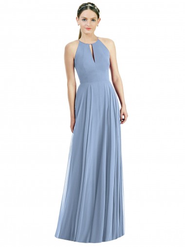 Bleu poussiéreux Trapèze Licou Mousseline Longue Robes demoiselle d'honneur Pas Chre