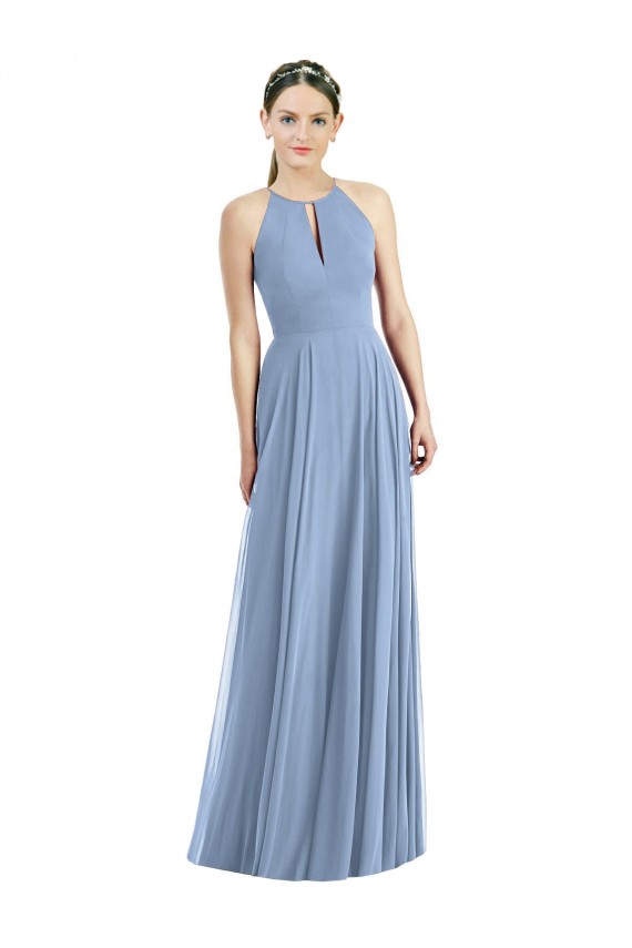 Bleu poussiéreux Trapèze Licou Mousseline Longue Robes demoiselle d'honneur Pas Chère