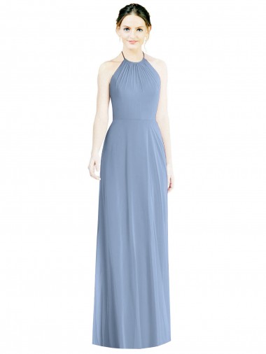 Bleu poussiéreux Trapèze Licou Mousseline Longue Robes demoiselle d'honneur Pas Chre