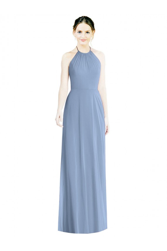 Bleu poussiéreux Trapèze Licou Mousseline Longue Robes demoiselle d'honneur Pas Chère