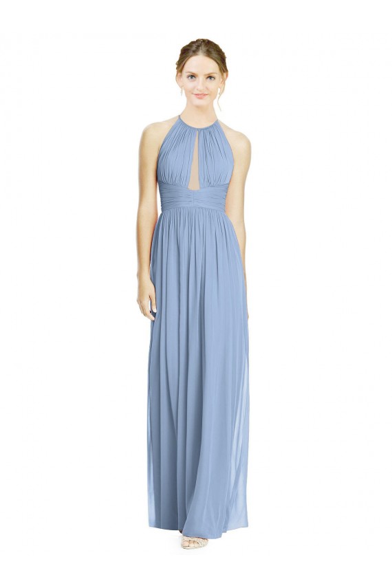 Bleu poussiéreux Trapèze Licou Mousseline Longue Robes demoiselle d'honneur Pas Chère