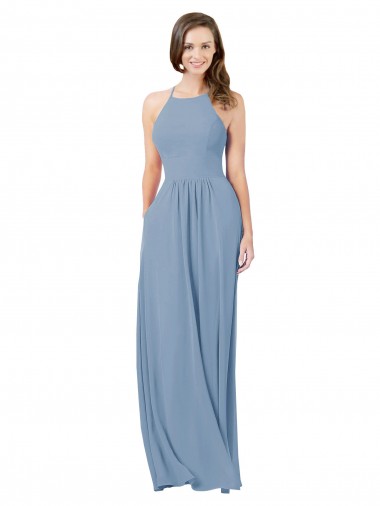Bleu poussiéreux Trapèze Licou Mousseline Longue Robes demoiselle d'honneur Pas Chre