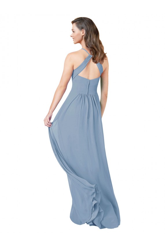 Bleu poussiéreux Trapèze Licou Mousseline Longue Robes demoiselle d'honneur Pas Chère