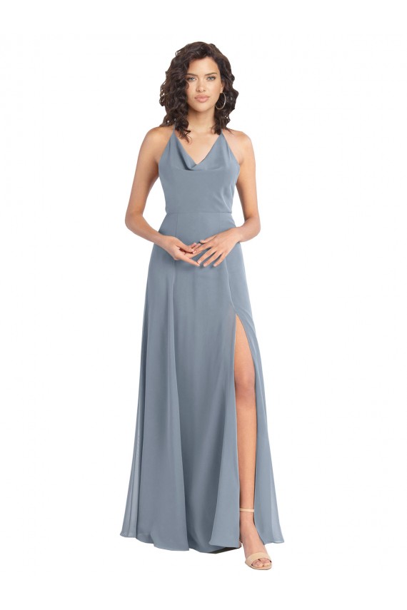 Bleu poussiéreux Trapèze Licou Mousseline Longue Robes demoiselle d'honneur Pas Chère