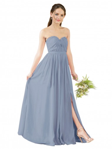 Bleu poussiéreux Trapèze Mousseline Longue Robes demoiselle d'honneur Pas Chre