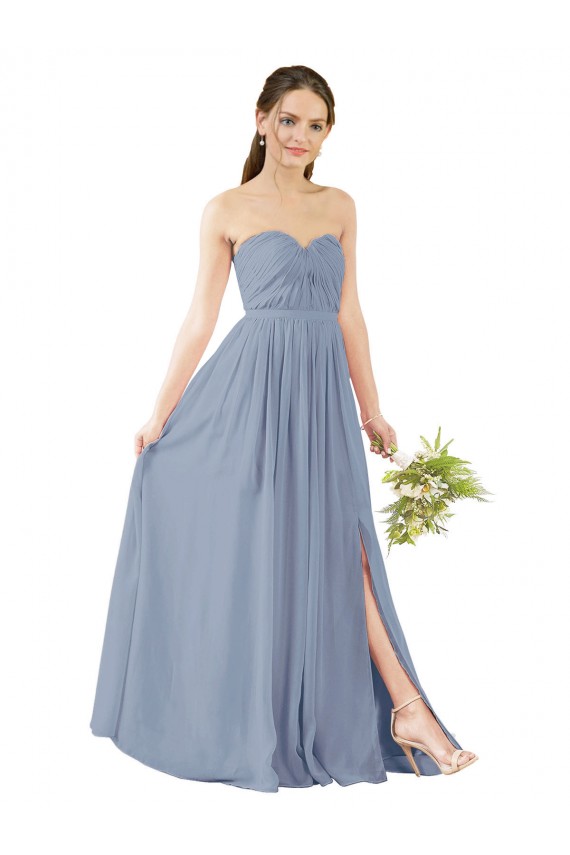 Bleu poussiéreux Trapèze Mousseline Longue Robes demoiselle d'honneur Pas Chère