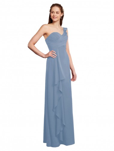 Bleu poussiéreux Trapèze Mousseline Longue Robes demoiselle d'honneur Pas Chre