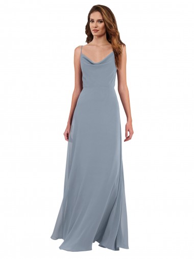 Bleu poussiéreux Trapèze Mousseline Longue Robes demoiselle d'honneur Pas Chre