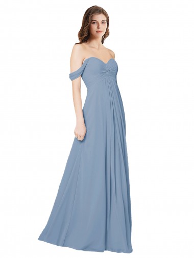 Bleu poussiéreux Trapèze Mousseline Longue Robes demoiselle d'honneur Pas Chre